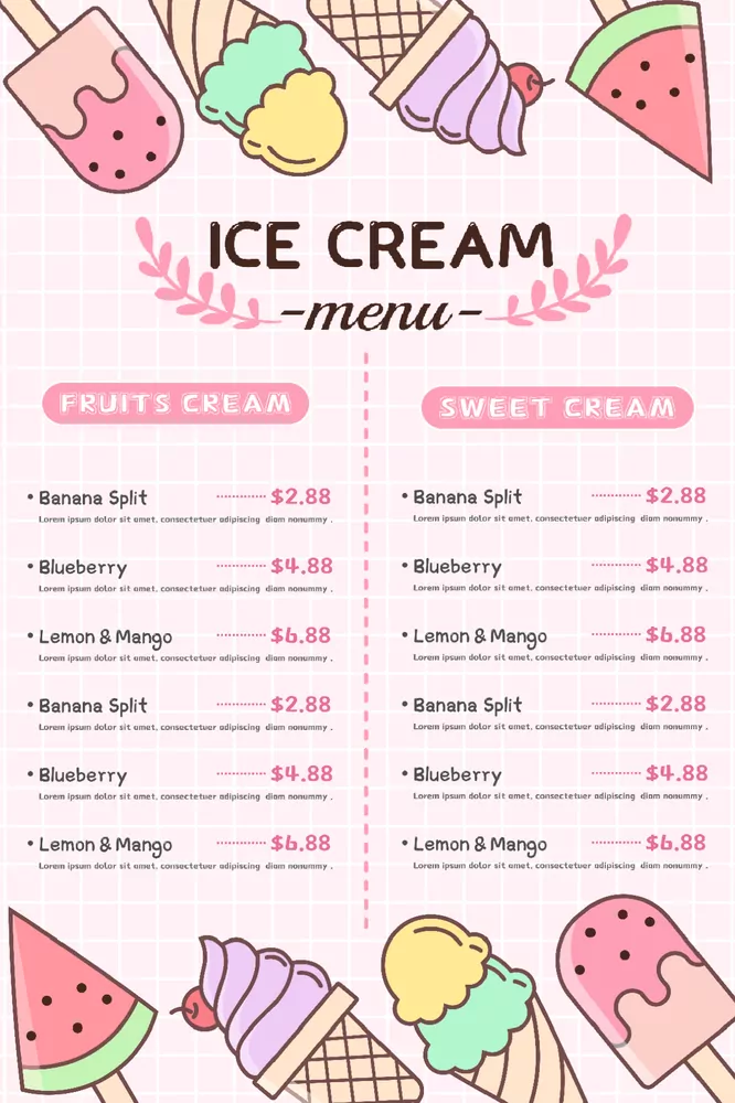 冰淇淋價目表